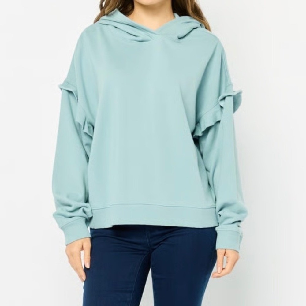 American Eagle Ruffle Sleeve Hoodie Sweatshirt, Seafoam Green, Medium, Cozycore